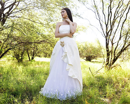 Woman posing in a wedding dress